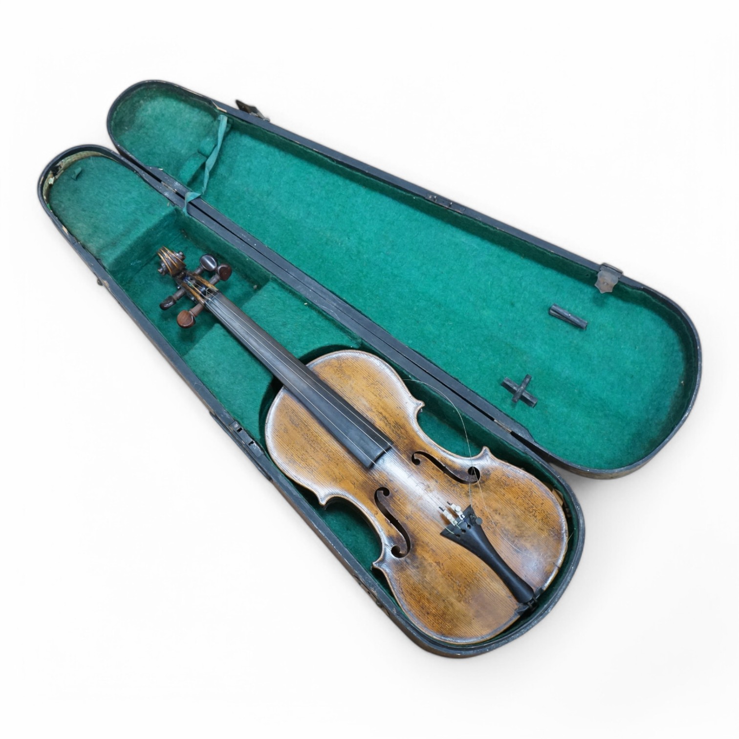 A cased 19th century French violin, back, 36cm. Condition - fair